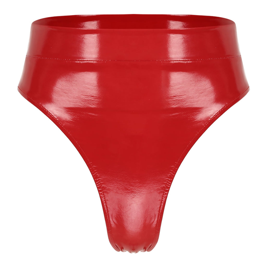 High-Waist Patent Leather Wet-Look Briefs with Adjustable Back Buckle Belt