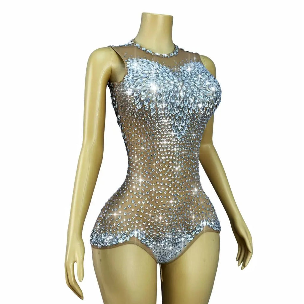 Sparkly Rhinestone Sheer Mesh Bodysuit Backless Stage Costume Leotard