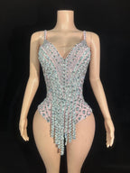 Sparkly Rhinestone Sequin Tassel Bodysuit Stage Performance Dance Leotard