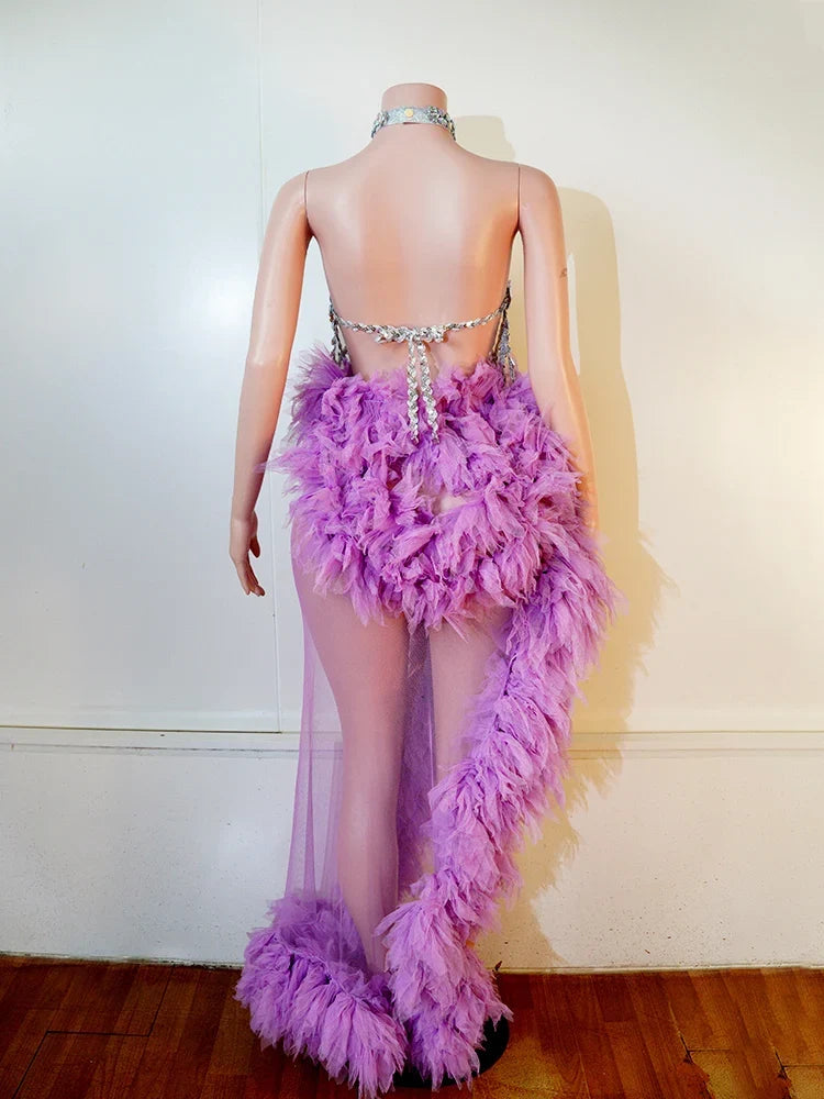 Purple Spiderweb Rhinestone Halter Bodysuit & Trailing Ruffle Tulle Skirt 2-Piece Stage Costume Set