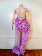 Purple Spiderweb Rhinestone Halter Bodysuit & Trailing Ruffle Tulle Skirt 2-Piece Stage Costume Set