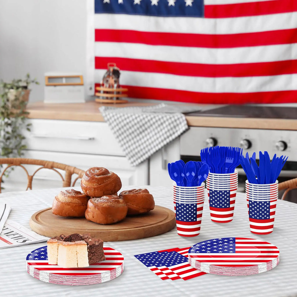 120 Pcs American Flag Disposable Tableware Plates, Cups, Napkins For USA Patriotic Theme Party, 4th Of July, Independence Day