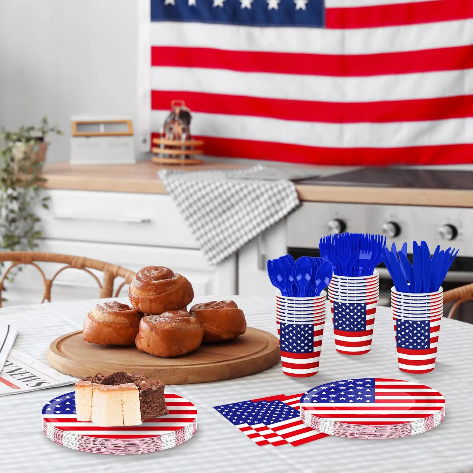 120 Pcs American Flag Disposable Tableware Plates, Cups, Napkins For USA Patriotic Theme Party, 4th Of July, Independence Day