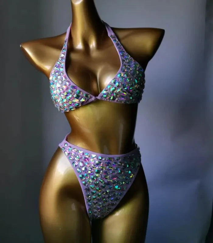 Nightclub Bar Sexy Disco Pole Dance Crystal Bikini Costume DJ Dancer Club Party Rave Outfit Pink Rhinestones Bra Set Stage Wear