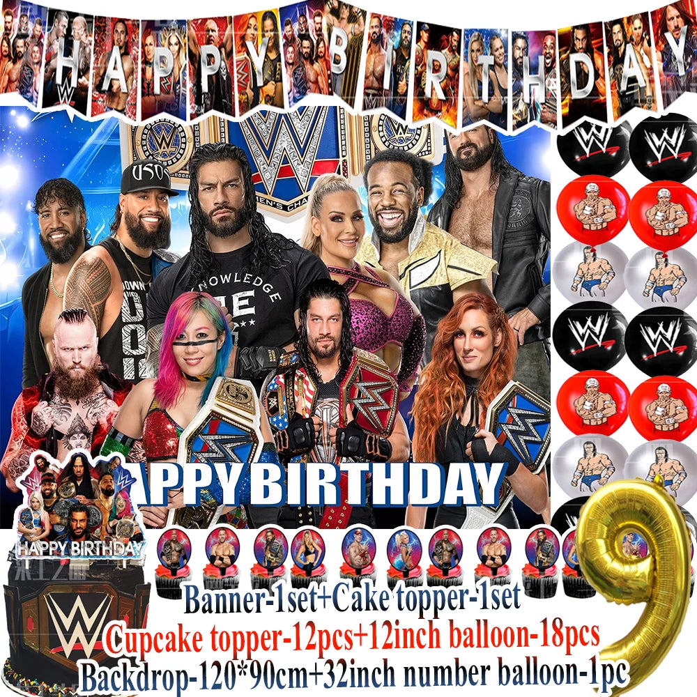 Sport-&Wrestling&Triathlon Boys Birthday Party Supplies Decor Boxing Match Balloon Cake Topper Banner Backdrop Baby Shower Props
