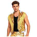 Men's Metallic Sequin Tassel Open-Front Vest Lapel Collar Sleeveless Stage Dance Waistcoat