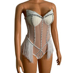 Rhinestone Fringe Bodysuit & Headpiece Set – Sparkly Rave Outfit, Gogo Dancer & Jazz Dance Costume for Women