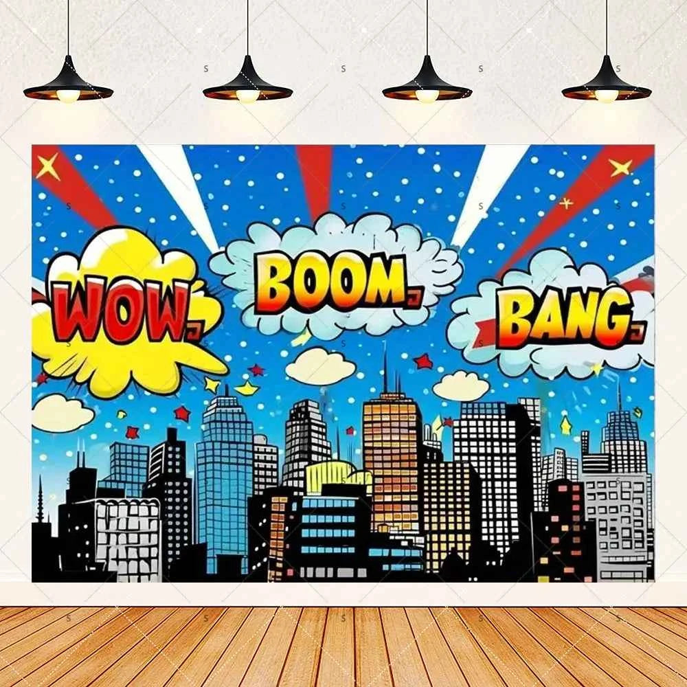 Customized Photography Studio Props Cartoon Superhero City Background Fecoration Children's Happy Birthday Outdoor Party Banner
