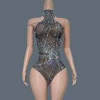 Sparkly Silver Rhinestone Spider Web Mesh Stage Performance Costume Set