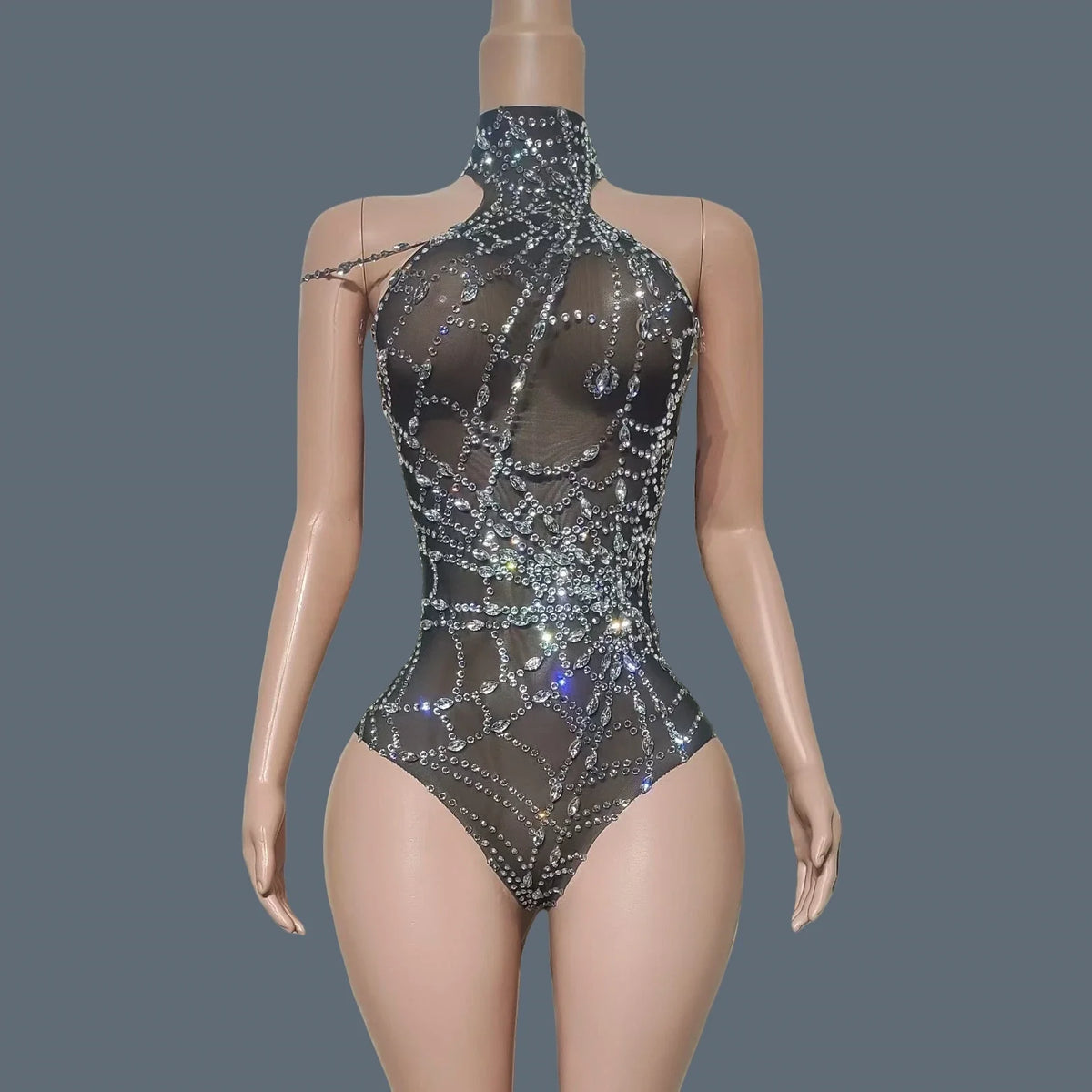 Sparkly Silver Rhinestone Spider Web Mesh Stage Performance Costume Set