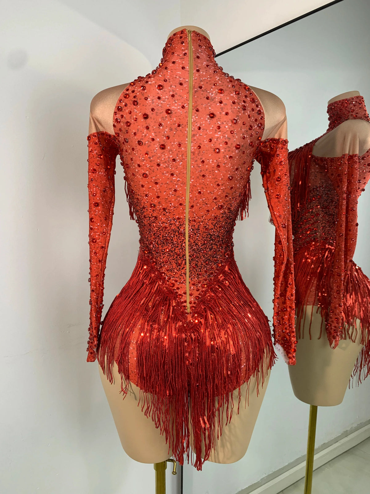 Red Rhinestones Skinny Bodysuit Women Sexy Long Sleeve Tassel Performance Singer Dance Costume Nightclub Celebrate Stage Wear