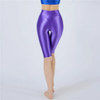 Oil Glossy High-Stretch Knee-Length Shorts Satin Shine Performance Biker Shorts