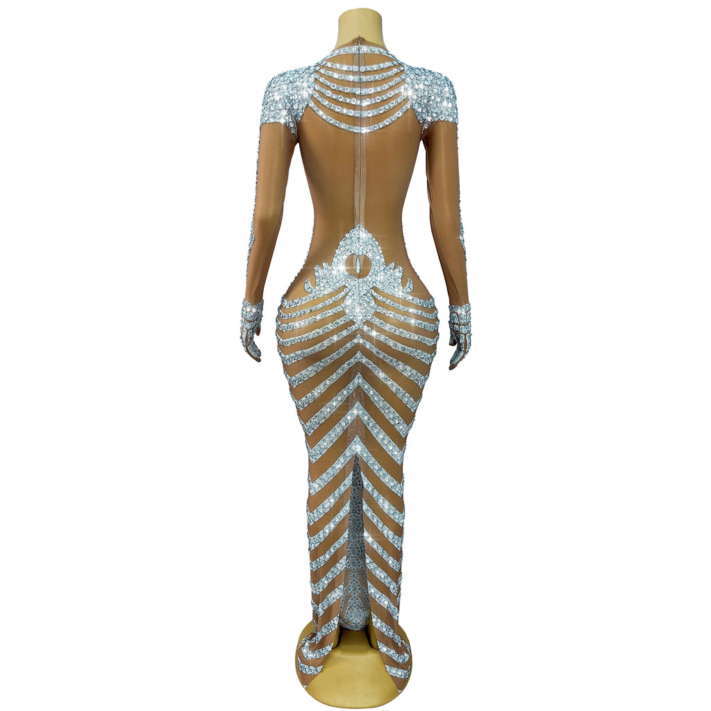 Fashion Skeleton Pattern Designed Shining Rhinestones Mesh Dress Women Halloween Party Celebrate Show Stage Outfit