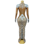 Fashion Skeleton Pattern Designed Shining Rhinestones Mesh Dress Women Halloween Party Celebrate Show Stage Outfit