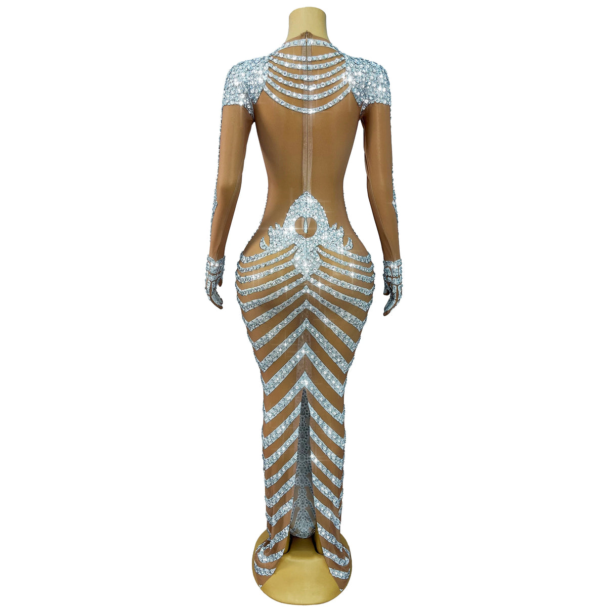 Fashion Skeleton Pattern Designed Shining Rhinestones Mesh Dress Women Halloween Party Celebrate Show Stage Outfit