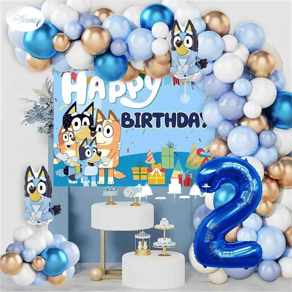 Bluey Birthday Party Decorations Balloon Garland Kit with Bluey Foil Balloons & Happy Birthday Backdrop for Kids Party Supplies