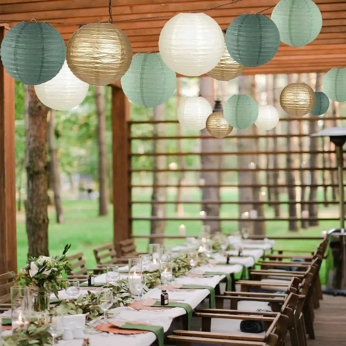 Paper Lanterns Decorations for Rustic Party Bridal Shower Wedding Sage Green Birthday Party Supplies Gold/Ivory/Sage Green 15pcs