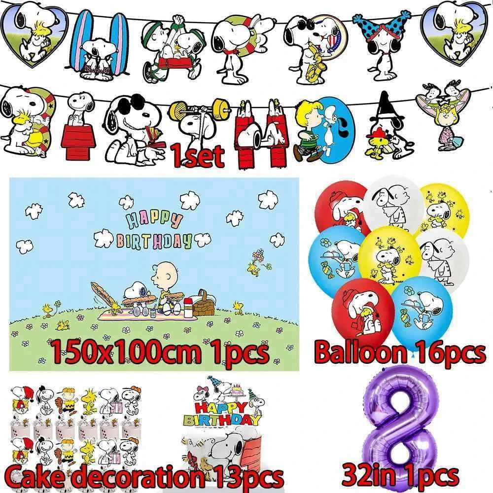 Cartoon Snoopys Birthday Decoration Set Banners Cake Toppers Balloons Backdrops Kids Birthday Gifts Baby Shower Party Supplies