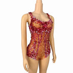 Crimson Sequin Strip & Crystal Rhinestone Bodysuit Illusion Mesh Sleeveless Leotard Stage Costume
