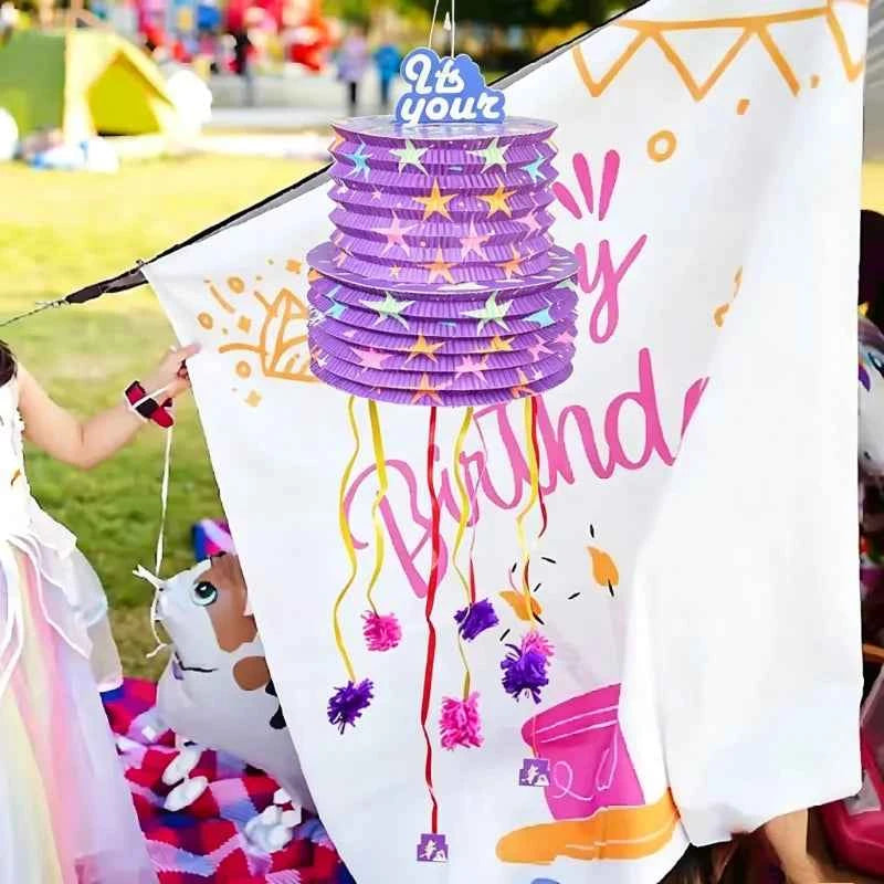 Purple Pull String Piñata Small Lantern Foldable Style Candy Smashing Game for Birthday Party Carnival Themed Events Supplies