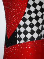 Queen of Hearts Rhinestone Halter Bodysuit & Sleeves Checkered Circus Stage Costume Set