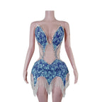 Sequin Beaded Tassels Mini Dress Crystals Mesh Bodycon Stage Performance Outfit