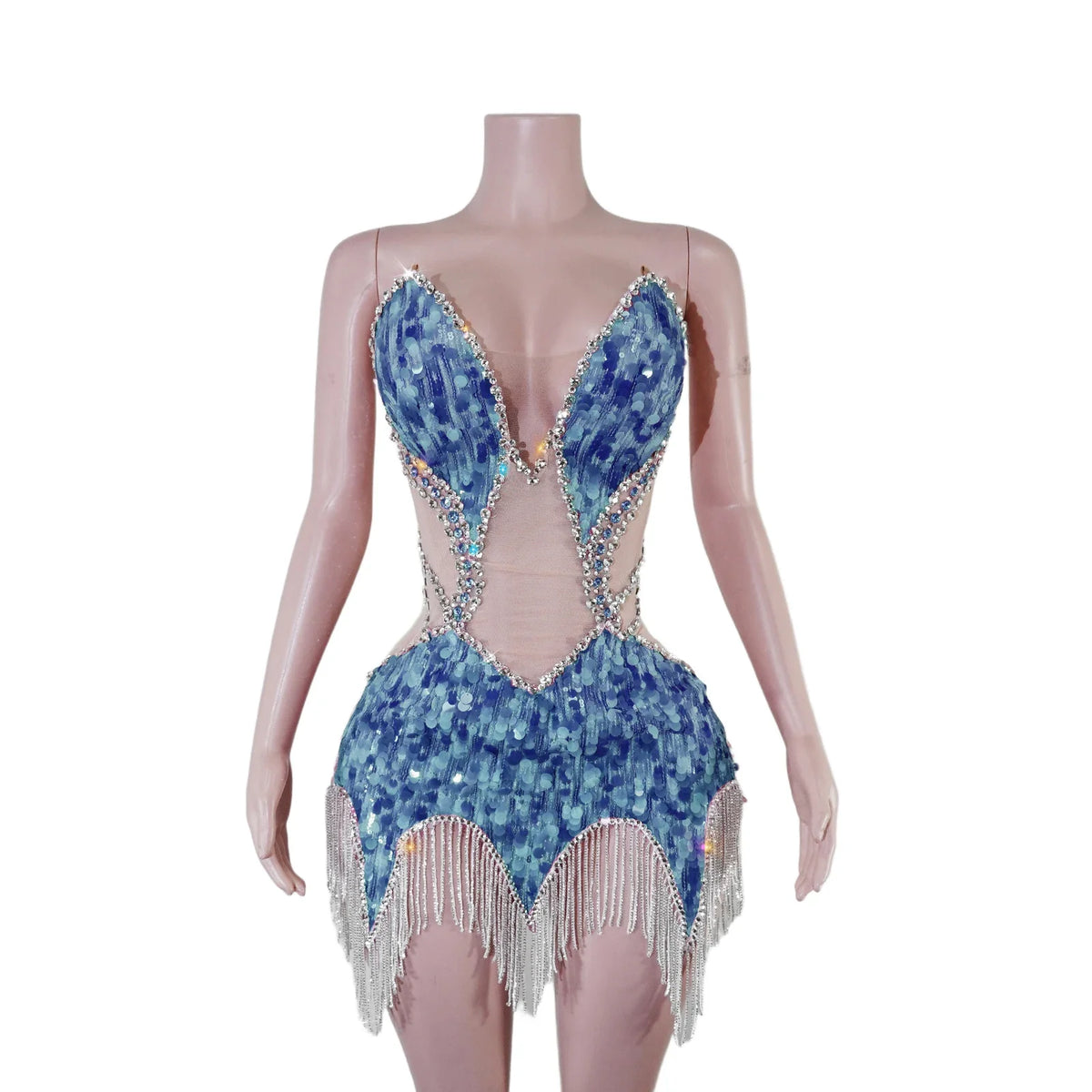 Sequin Beaded Tassels Mini Dress Crystals Mesh Bodycon Stage Performance Outfit