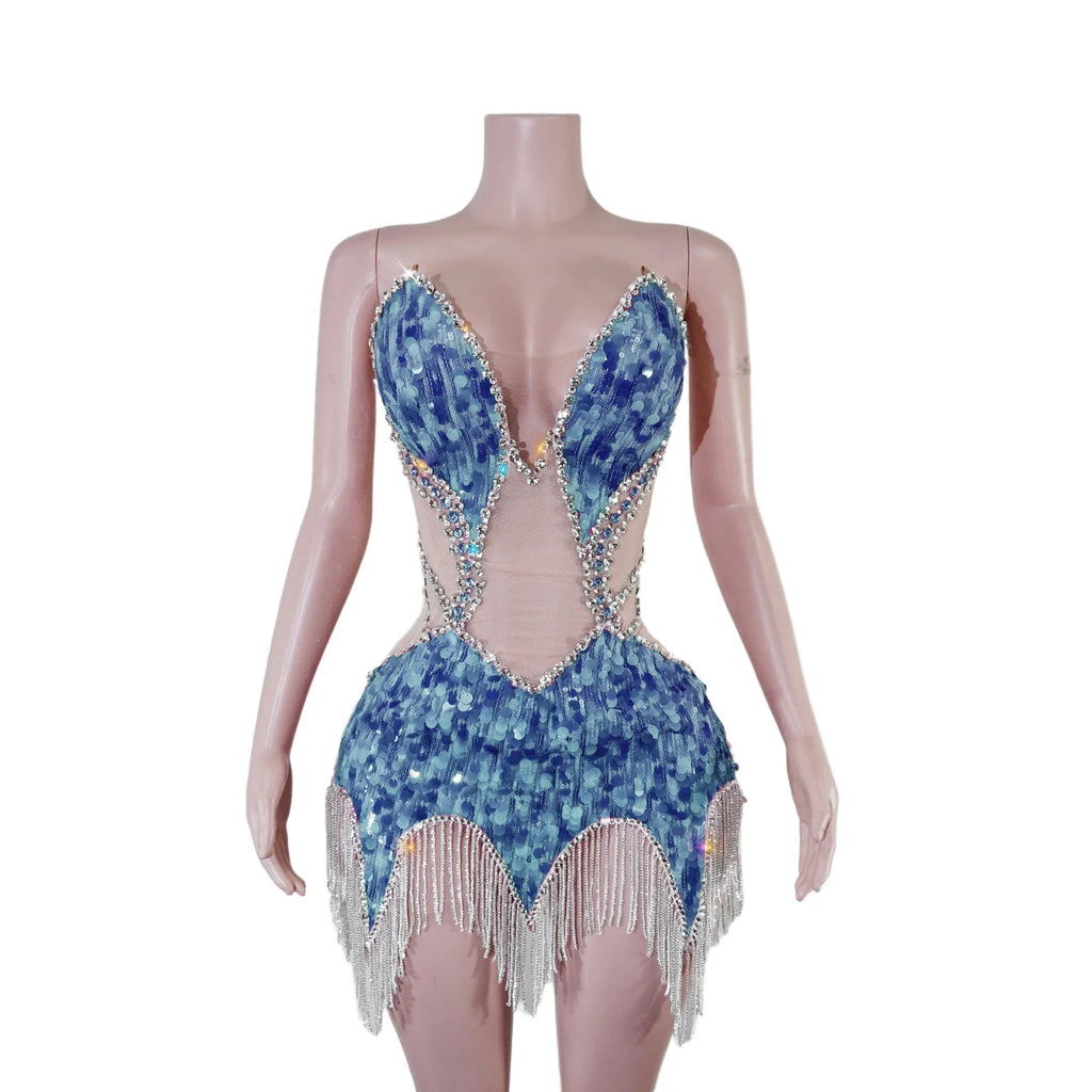 Sequin Beaded Tassels Mini Dress Crystals Mesh Bodycon Stage Performance Outfit