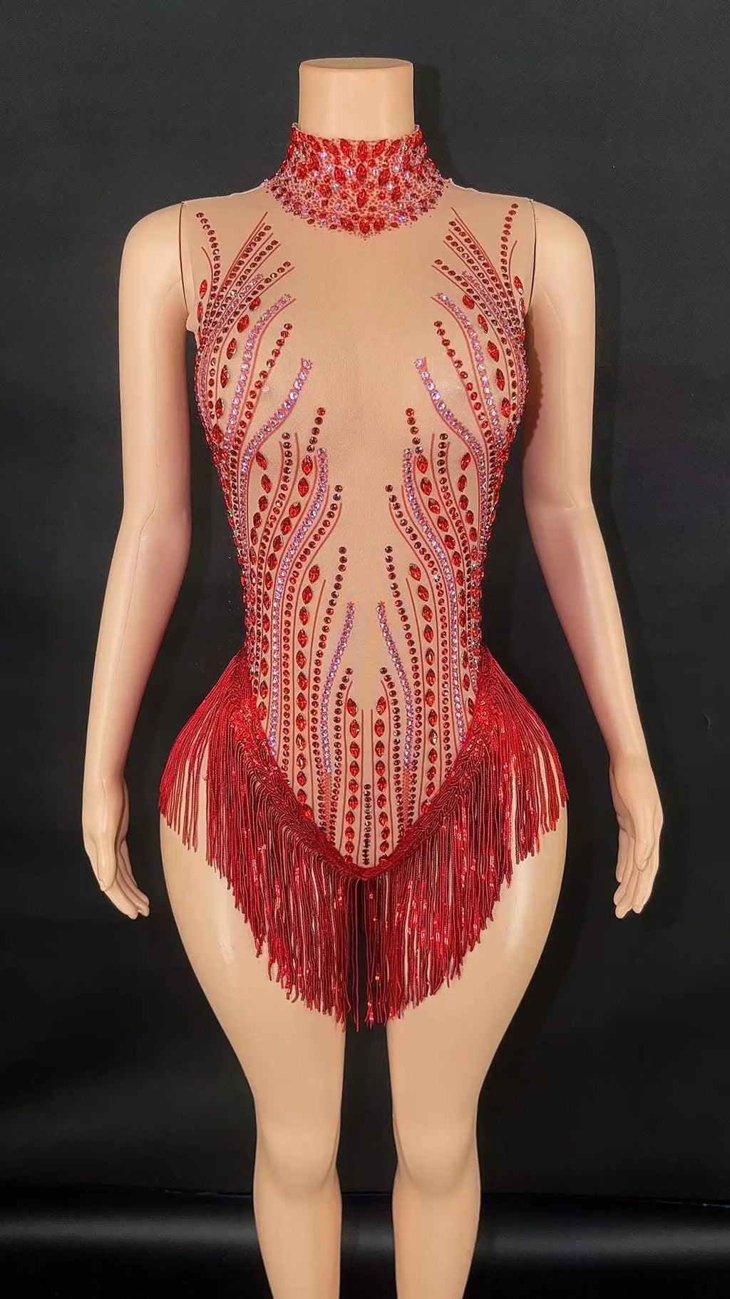 Sparkly Rhinestone, Sequin & Fringe Sleeveless Bodysuit Stage Performance Costume