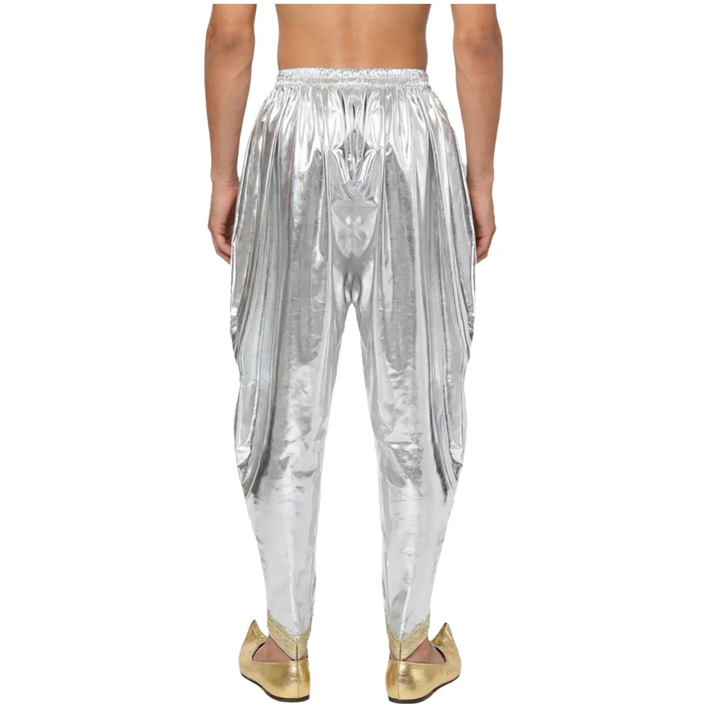 Men's Metallic Shiny Harem Dhoti Pants Gold Brocade Trim Prince Cosplay Costume