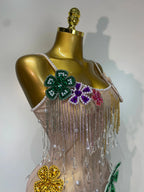 Colorful Rhinestone Pearl Sheer Dress & Two-Piece Mini Skirt Set Celebration Outfit