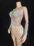 Silver Rhinestone Tassel Jumpsuit for Women