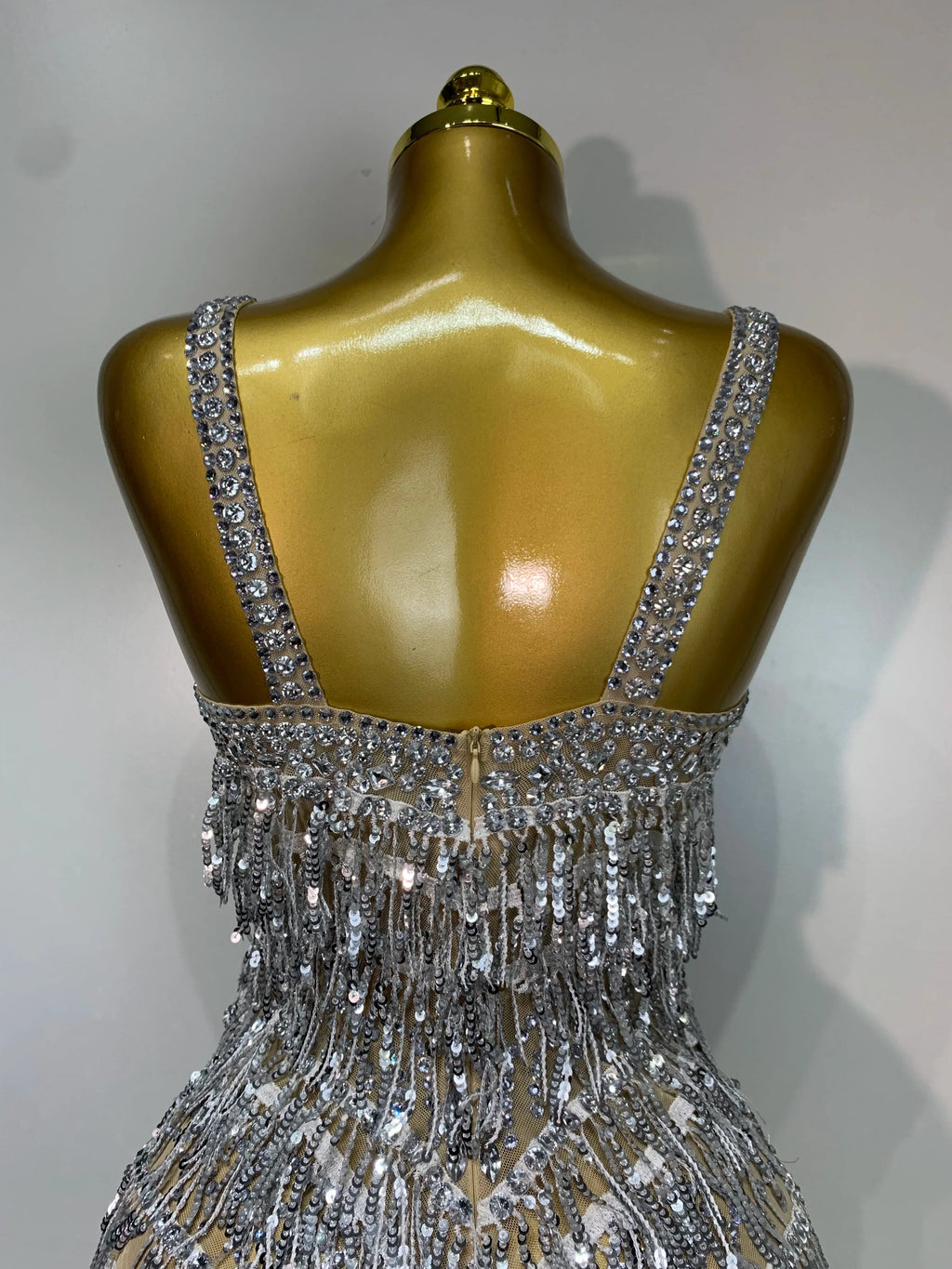 Sparkly Rhinestone Tassel Backless Mesh Bodysuit Luxury Stage Performance Costume