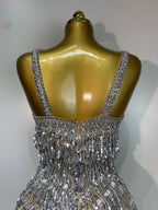 Sparkly Rhinestone Tassel Backless Mesh Bodysuit Luxury Stage Performance Costume