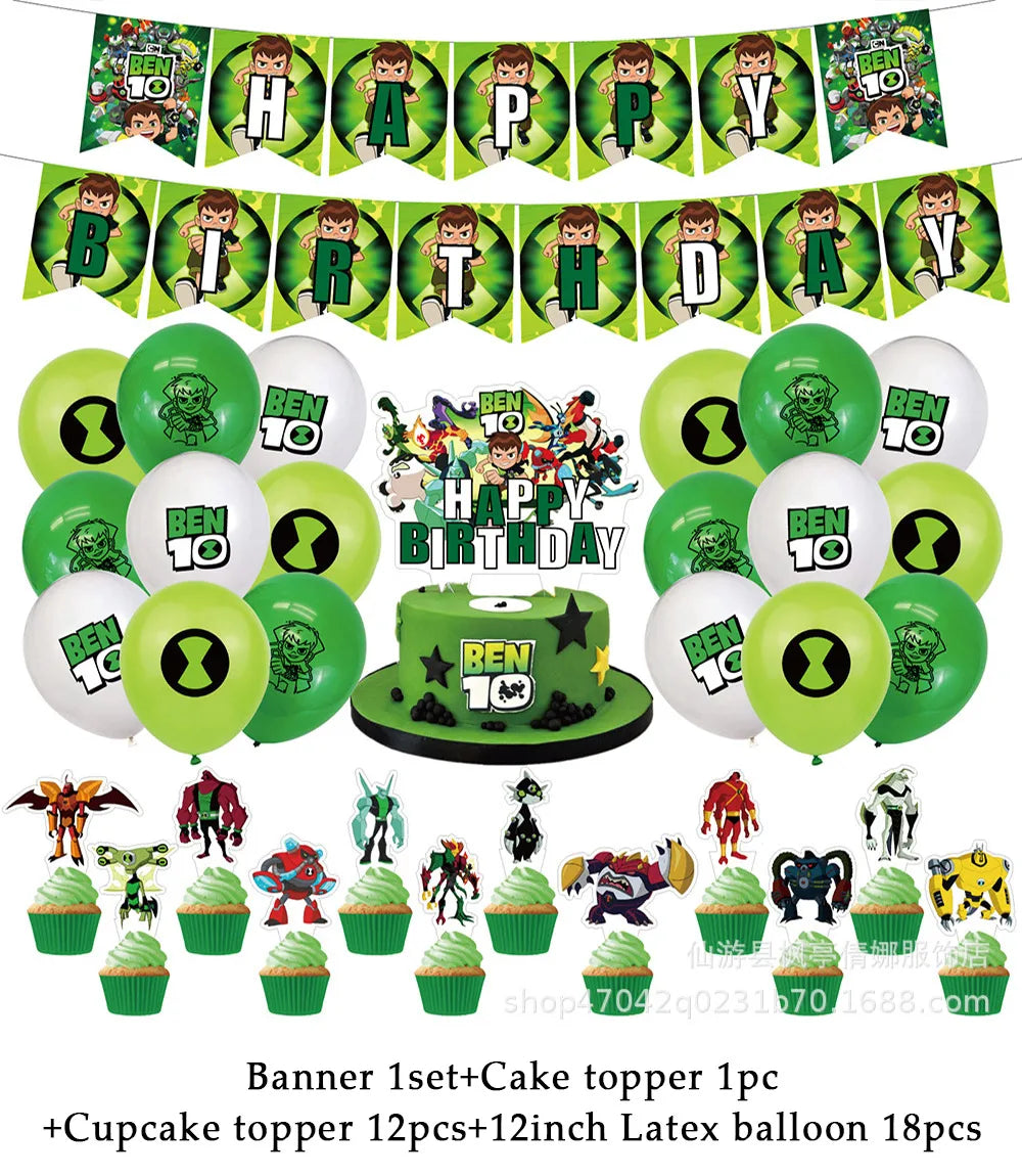 Cartoon Ben-10 Birthday Party Decoration Balloons Favor Set Banner Cake Toppers Baby Shower Boys Gift Party Supplies Photo Prop
