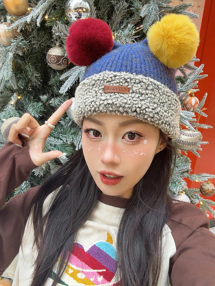ELFSACK Cute Clown Colorful Pom Pom Warm Knit Beanie For Women - Big Tim's Magic Emporium