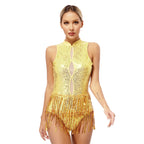 Glitter Sequin Fringe Latin Dance Leotard & Backless Performance Bodysuit