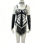 Silver Black Sequins Sling Bodysuit Long Gloves Performance Clothes Women Dance Team Singer Sexy Stage Wear Nightclub Costume