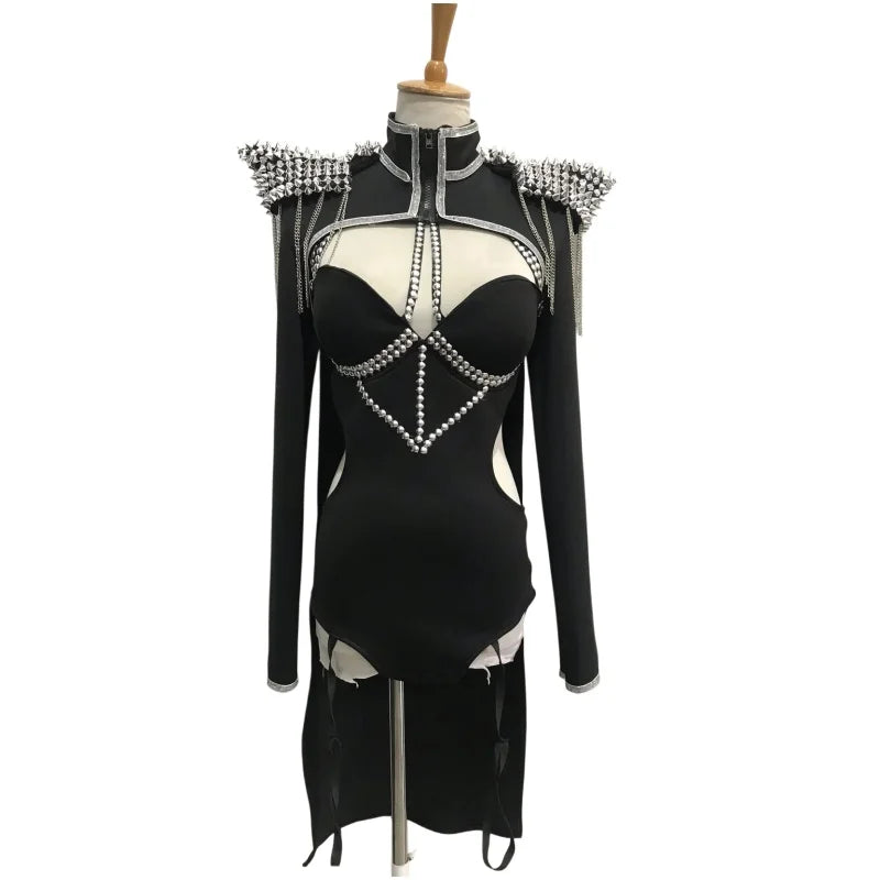 Black Rivet Chain Epaulet Cloak Showgirl Bodysuit Set – Glamour Stage Performance Costume