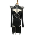 Black Rivet Chain Epaulet Cloak Showgirl Bodysuit Set – Glamour Stage Performance Costume