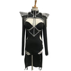 Black Rivet Chain Epaulet Cloak Showgirl Bodysuit Set – Glamour Stage Performance Costume