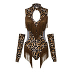 Leopard Cutout Bodysuit & Fringe Sleeves 2-Piece Latin Ballroom Stage Costume Set