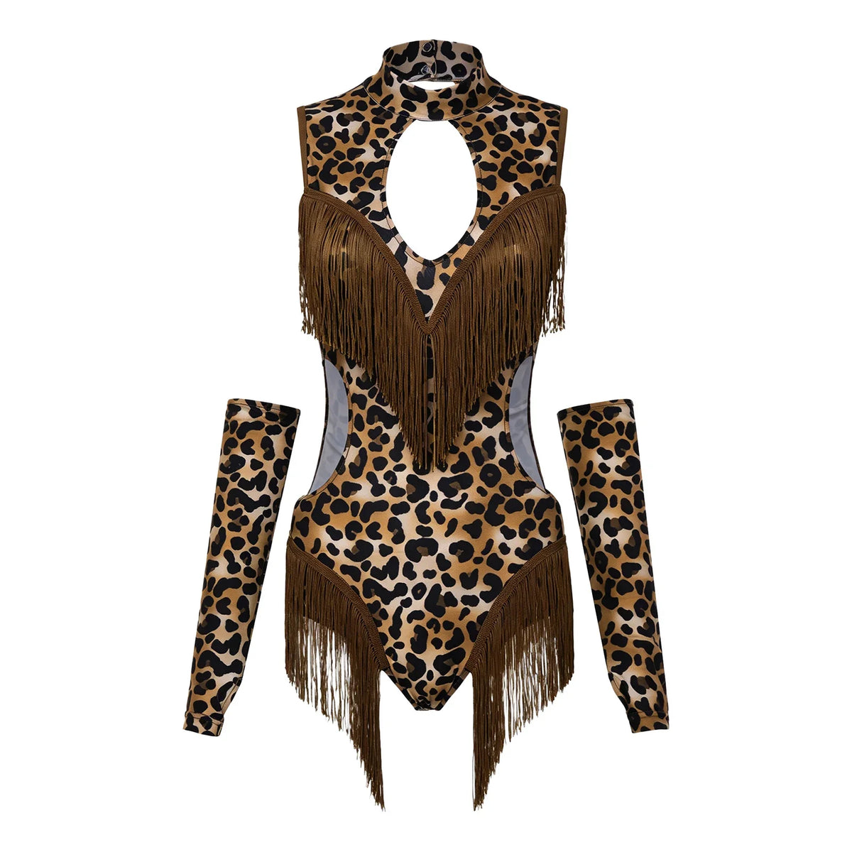 Leopard Cutout Bodysuit & Fringe Sleeves 2-Piece Latin Ballroom Stage Costume Set