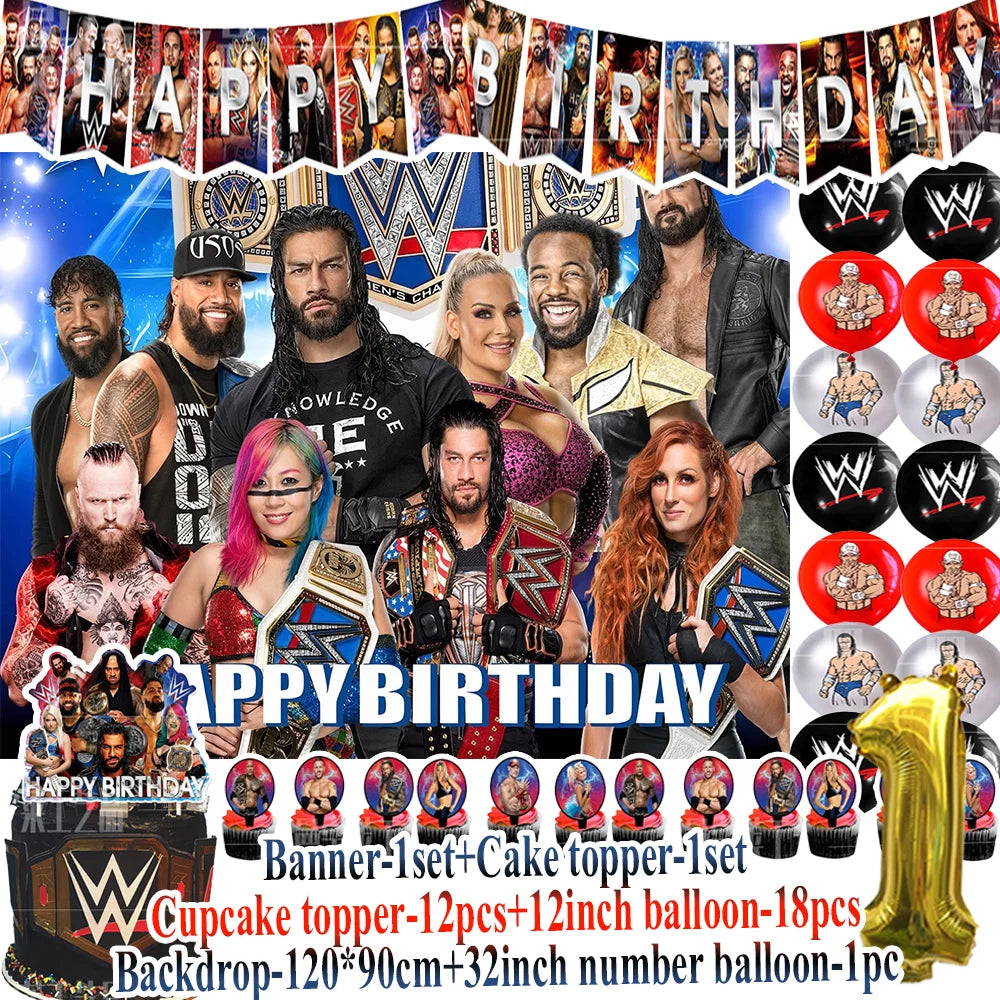 Sport-&Wrestling&Triathlon Boys Birthday Party Supplies Decor Boxing Match Balloon Cake Topper Banner Backdrop Baby Shower Props