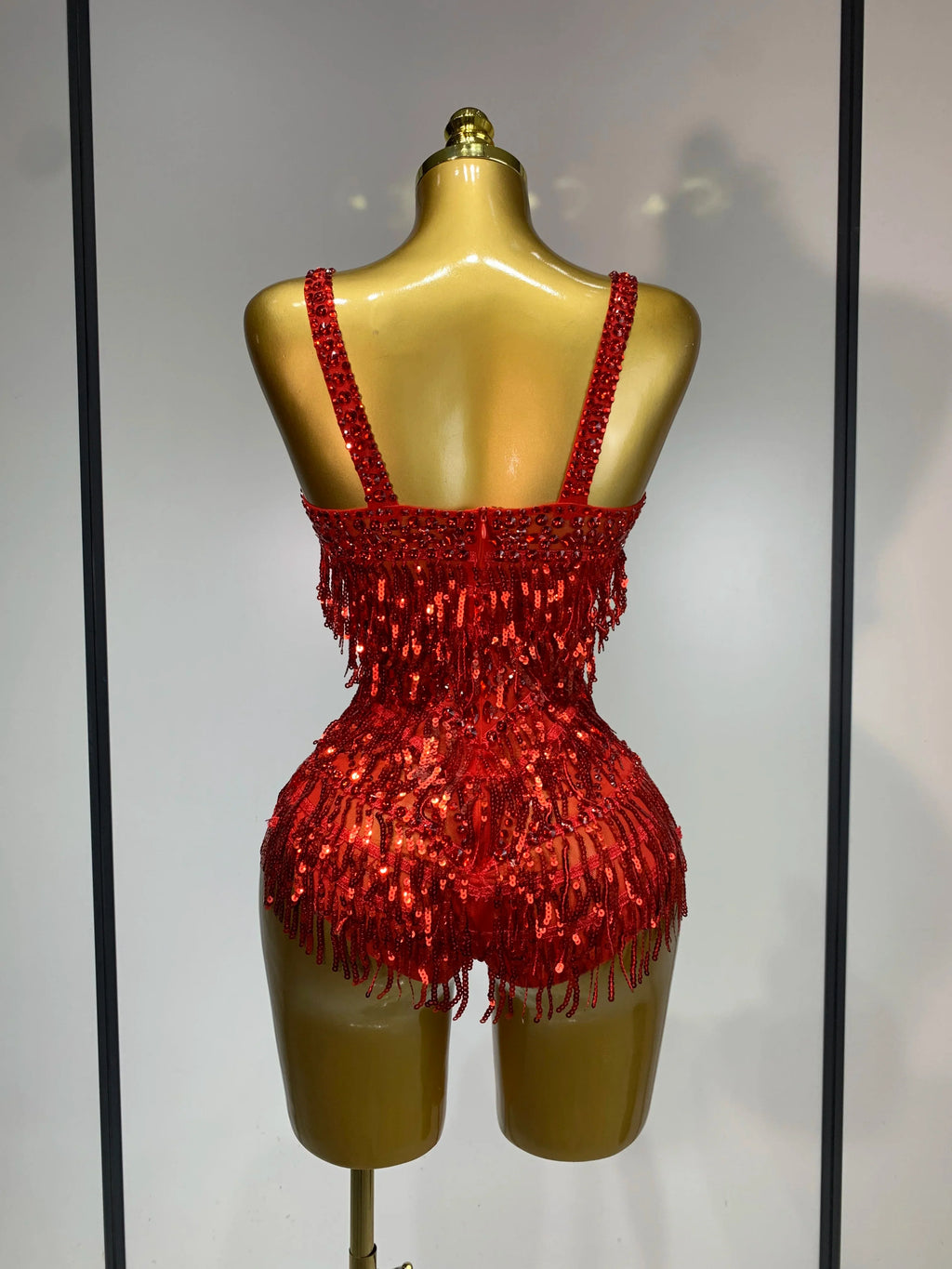 Sparkly Rhinestone Tassel Backless Mesh Bodysuit Luxury Stage Performance Costume