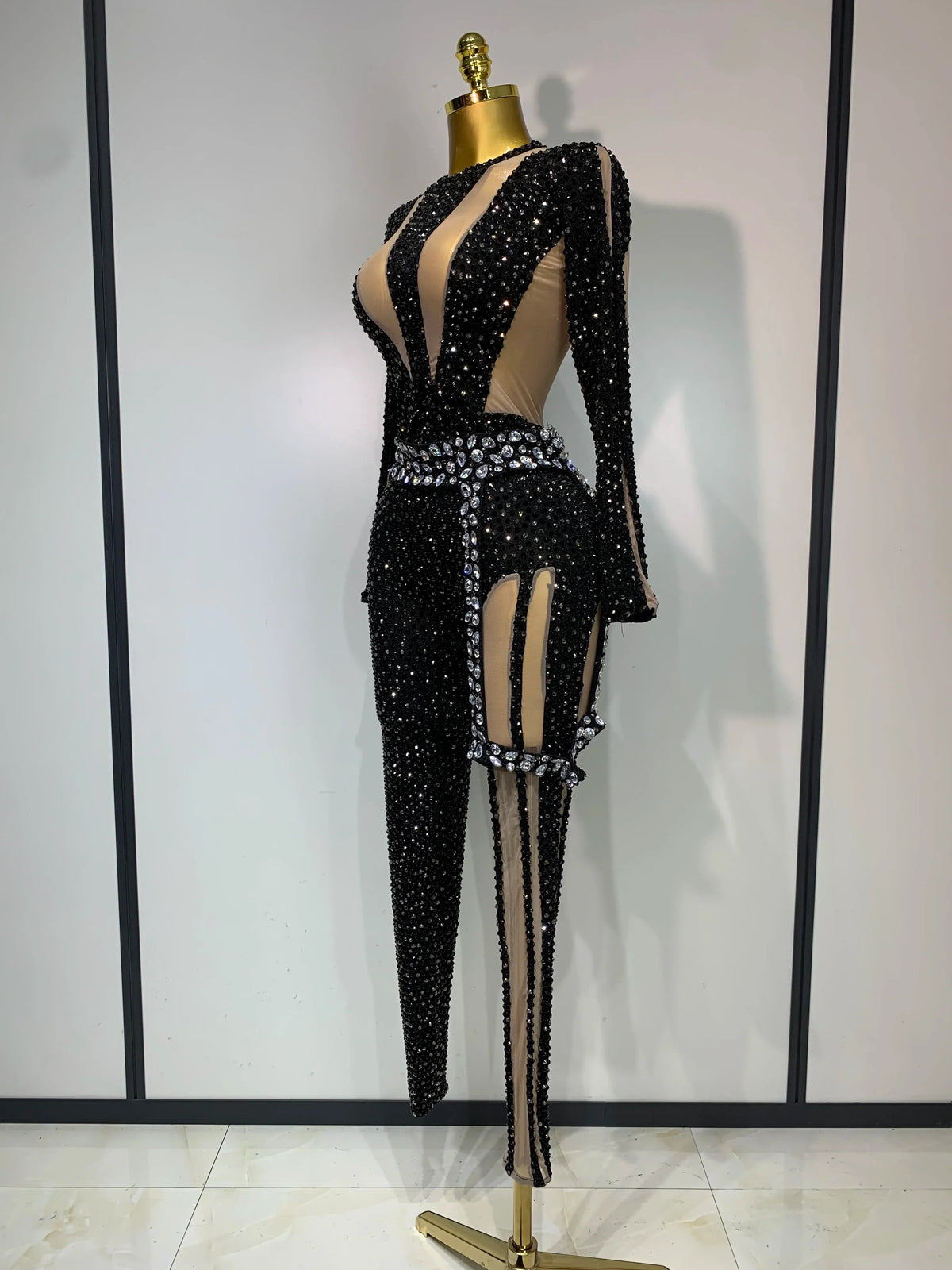 Sexy Sparkly Diamond Black Long Sleeves Bodycon Mesh Jumpsuit Evening Party Nightclub Bar Singer Performance Stage Costume