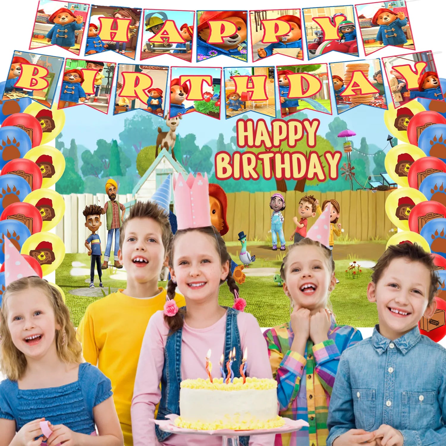 Cartoon&Paddingtons Party Supplies Happy Birthday Banner Bears Balloons Cupcake Toppers Backdrop Kids Birthday Baby Shower Gift
