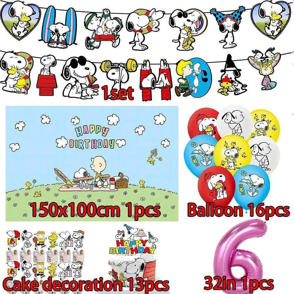 Cartoon Snoopys Birthday Decoration Set Banners Cake Toppers Balloons Backdrops Kids Birthday Gifts Baby Shower Party Supplies