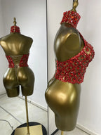 Sparkly Rhinestones Sequins Mesh Laced-Up Back Top