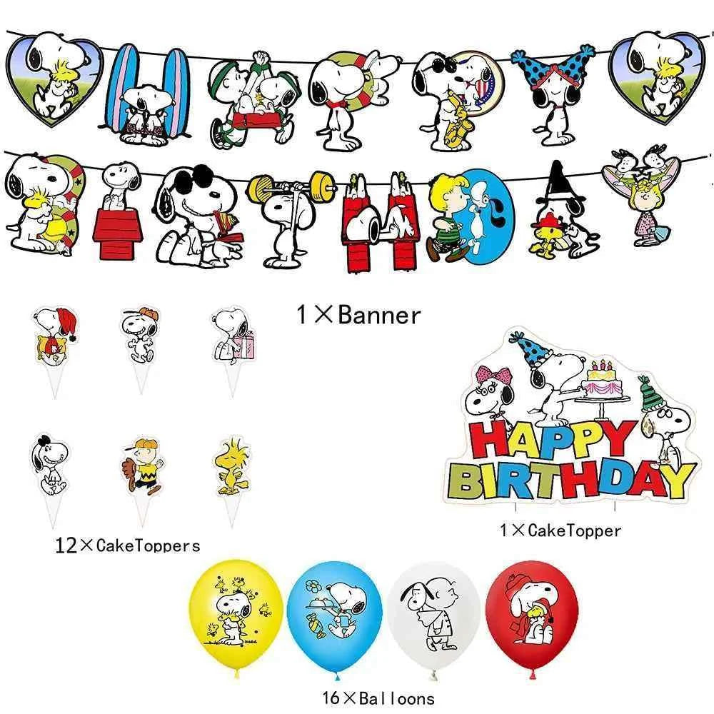 Cartoon Snoopys Birthday Decoration Set Banners Cake Toppers Balloons Backdrops Kids Birthday Gifts Baby Shower Party Supplies